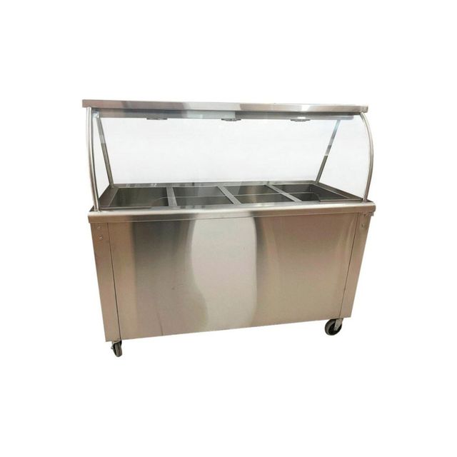 Carrito de servicio de alimentos de acero inoxidable con protector contra estornudos de vidrio y ruedas.
