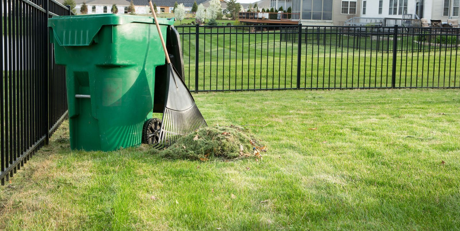 Green trash bin beside a black fence on a grassy lawn with a small pile of yard debris