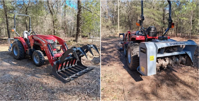 Red tractor with front loader and grapple parked in a wooded area, shown from front and rear views