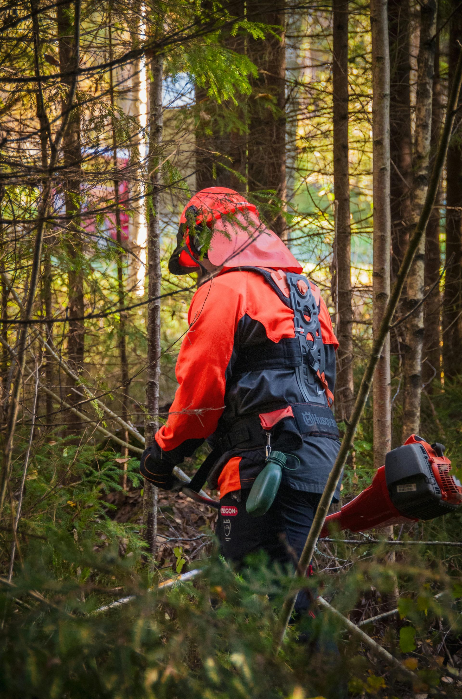 Person in red rain gear walking through a forest with a backpack.