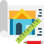A stylized house blueprint with an orange roof and blue walls, overlaid with a green ruler and a red pencil.