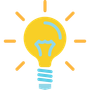 A yellow, glowing light bulb icon with blue details and orange rays radiating outward.