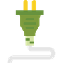 A green and yellow electrical power plug with a white cord extending downwards.