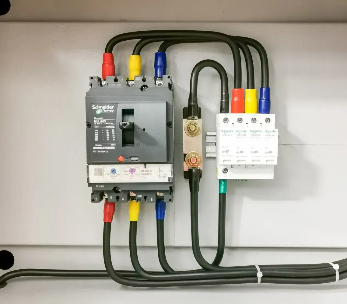 Electrical panel interior featuring a circuit breaker connected to a terminal block and a multi-pole distribution block.