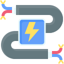 A yellow lightning bolt icon inside a blue square, connected to grey electrical cables with exposed blue and red wires.