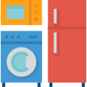 A yellow microwave, a blue washing machine, and a tall red refrigerator on a white background.