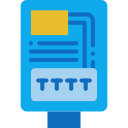 A blue, rectangular sign on a post featuring a yellow box, text lines, and four blue letters on a light blue background.