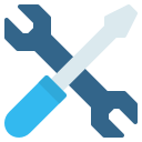 A blue wrench and a light blue screwdriver crossed diagonally against a white background.
