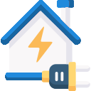 A white house icon with a blue roof, a yellow lightning bolt in the center, and a blue electrical plug at the bottom.
