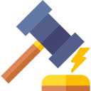 A blue wooden judge’s gavel striking a yellow sound block, with a yellow lightning bolt icon at the point of impact.