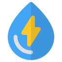 A blue water drop icon containing a yellow lightning bolt and a white arc.