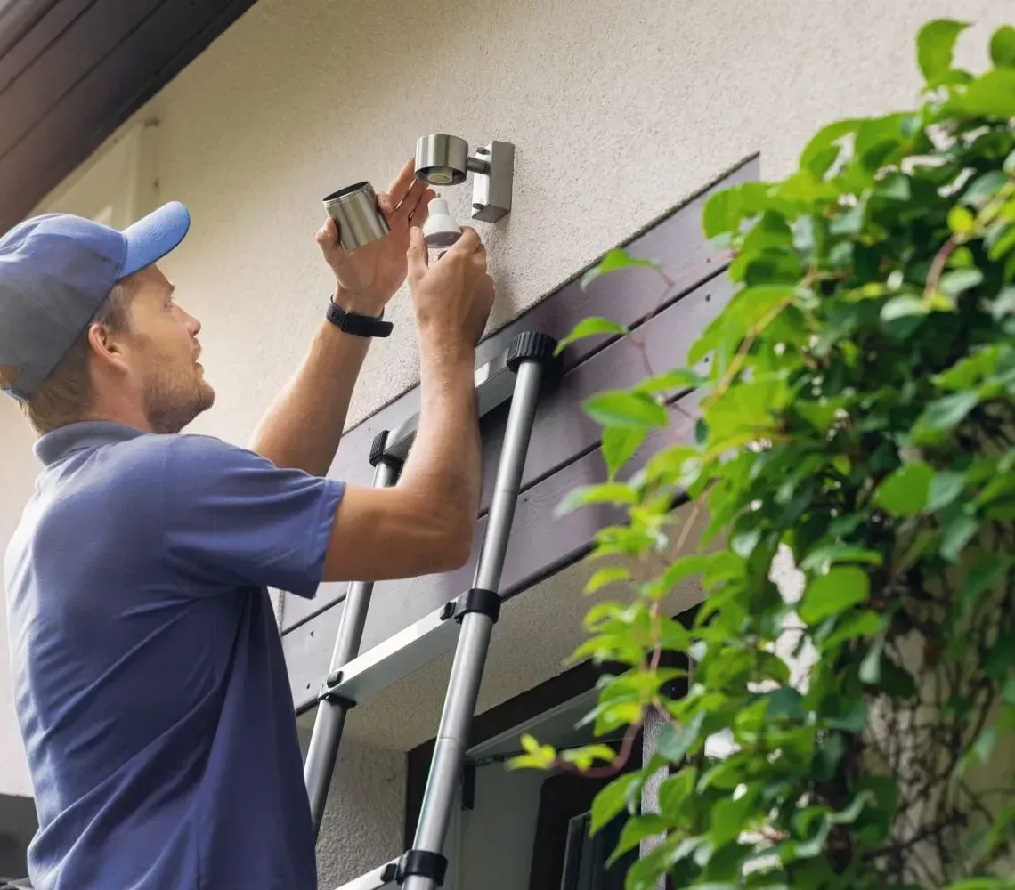 A person in a blue shirt and cap standing on a ladder while repairing an outdoor wall lamp.