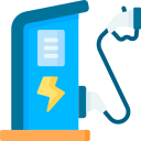 A blue electric vehicle charging station with a yellow lightning bolt icon and a charging cable attached.