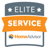 HomeAdvisor Elite Service badge with gray, orange, and white text and star icons