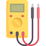 A yellow digital multimeter with a black and red probe connected by wires.