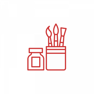 a red line icon of a vase , a person , and a mountain .