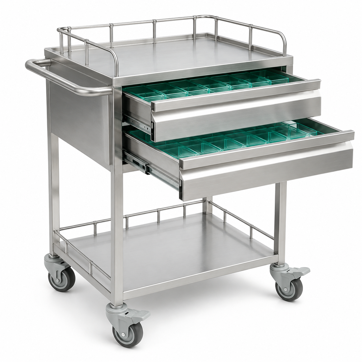 HT142 Stainless Steel Medicine Cart / Medication Cart with 2 drawers and worktop