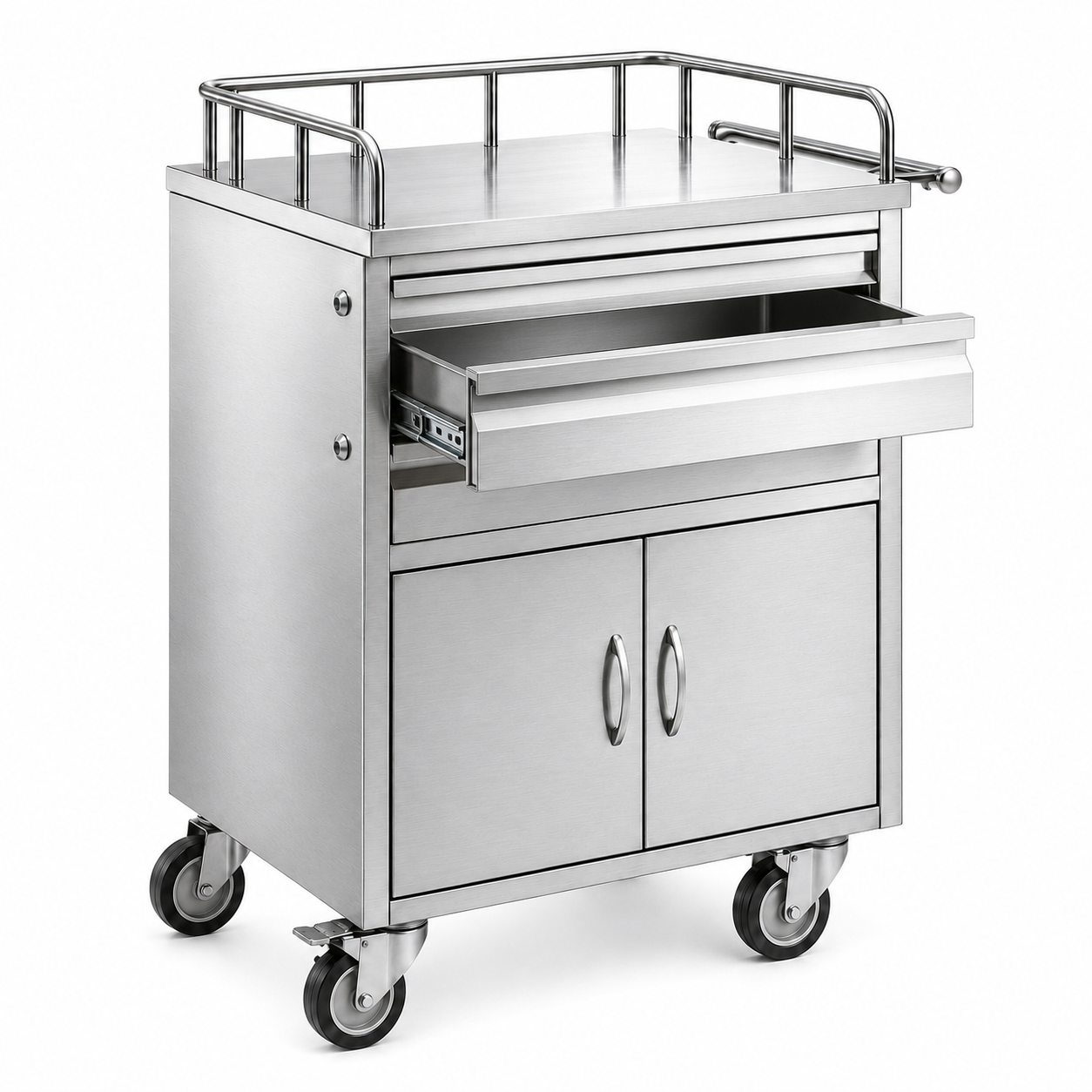 HT288 Stainless Steel Medicine Cart / Medication Cart with drawers, cabinet compartment and worktop