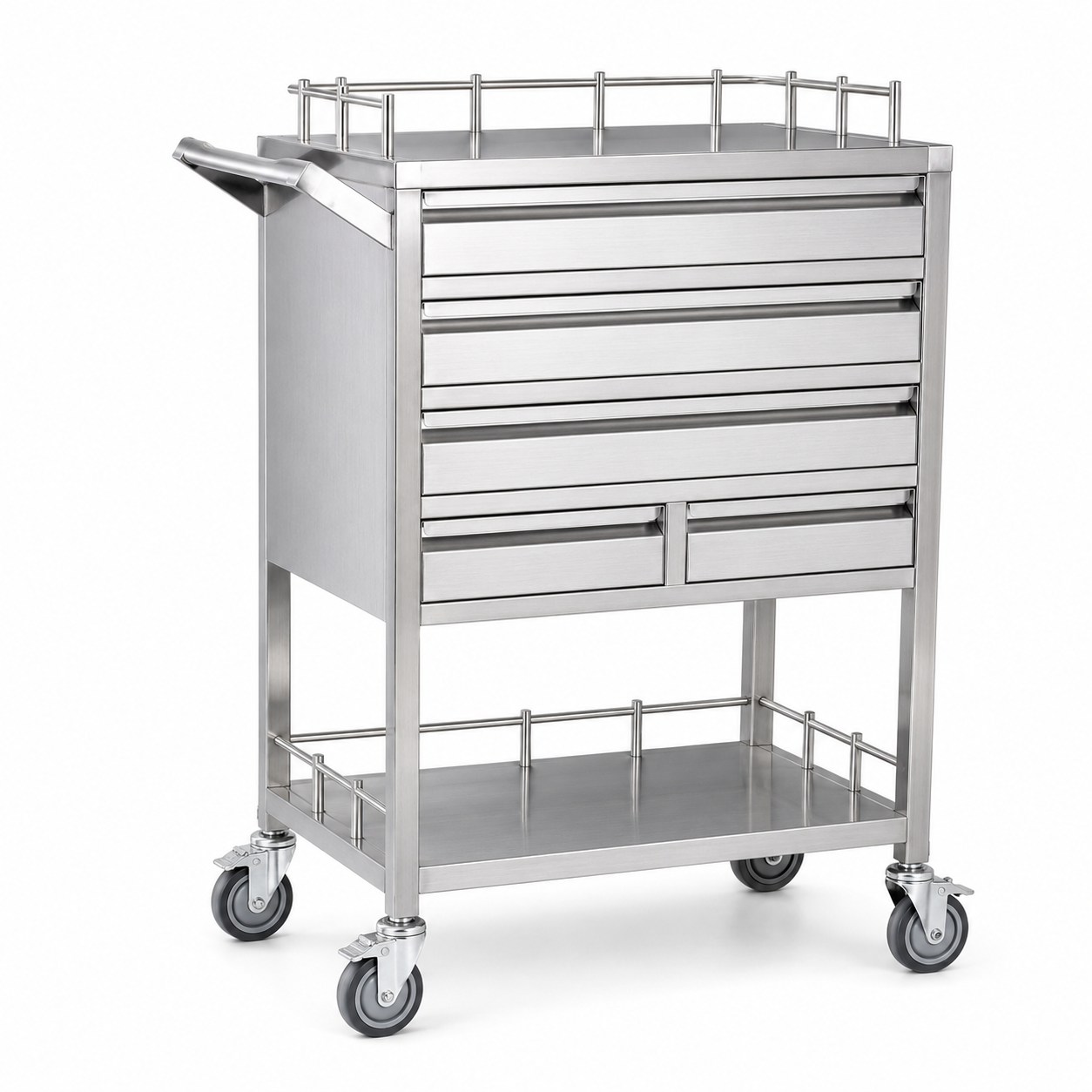 HT144 Stainless Steel Medicine Cart / Medication Cart with 5 Drawers and Worktop