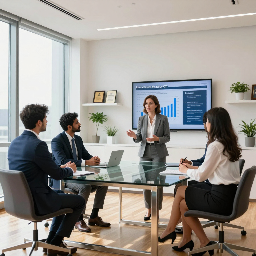Una mujer presenta un gráfico empresarial en una pantalla a tres colegas .