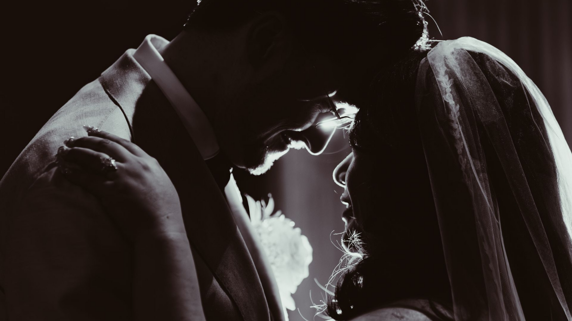 Wedding couple embracing, faces close, in silhouette. Bride wears veil, groom in suit | franklin park conservatory