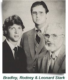 Three men in suits posing for a formal portrait, labeled Bradley, Rodney and Leonard Stark.