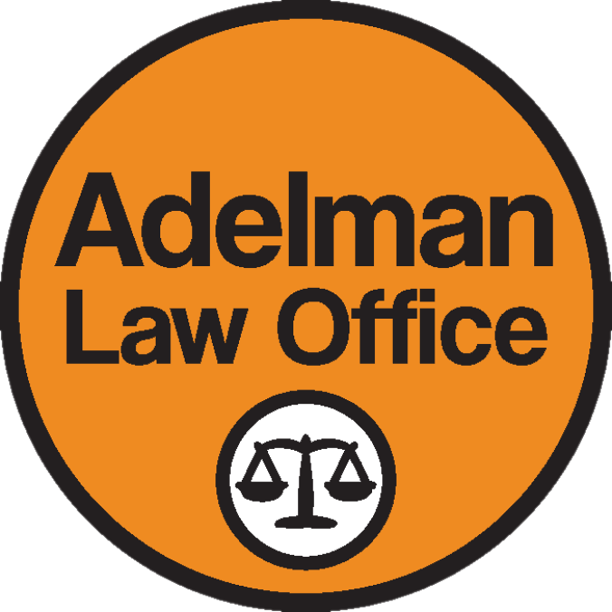 Adelman Law Office logo in orange circle with black text and scales of justice icon