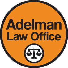 Adelman Law Office logo in orange circle with black text and scales of justice icon
