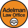 Adelman Law Office logo in orange circle with black text and scales of justice icon