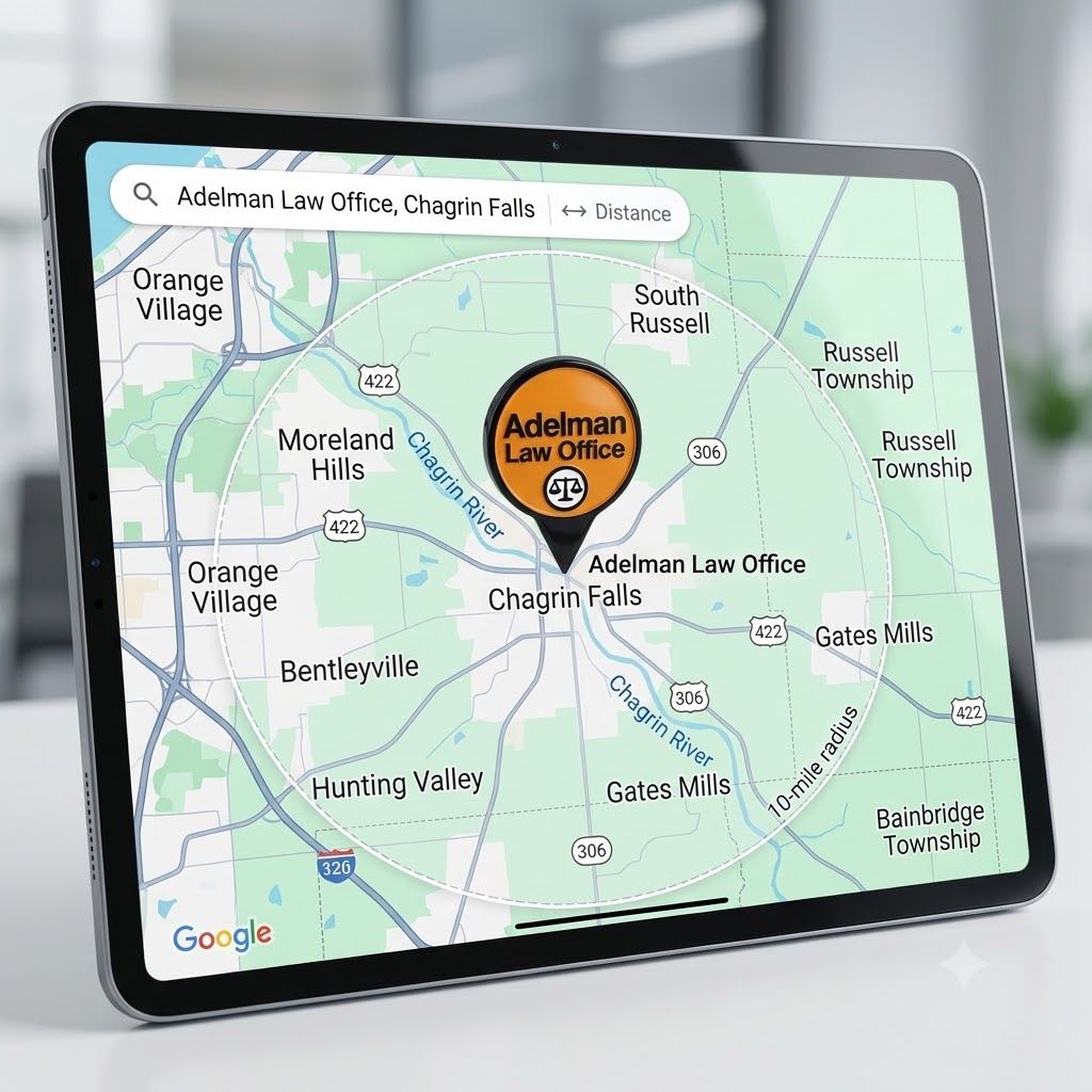 Tablet showing a map with an orange “Adelman Law Office” pin and nearby roads/areas.
