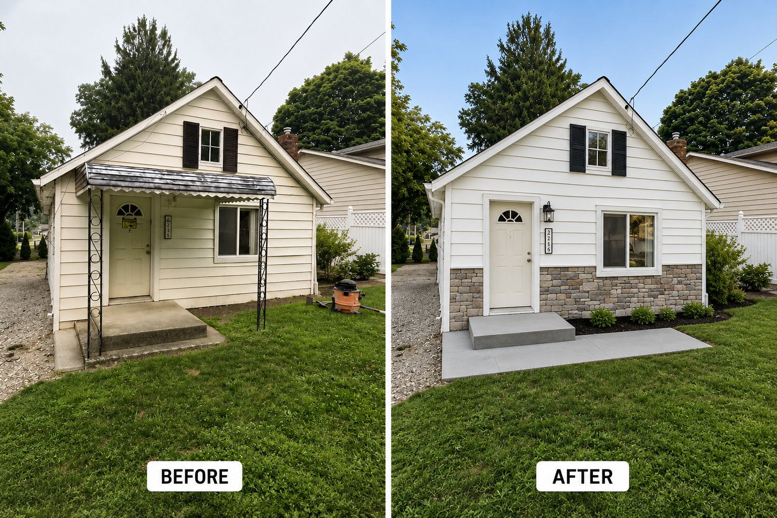 Before-and-after view of a small house exterior renovation, showing a faded porch updated to a white facade.