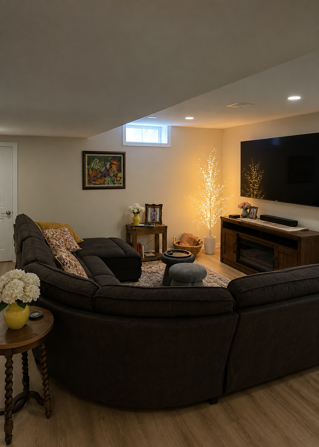 Modern living room with curved dark sectional, TV, piano, and warm string lights.