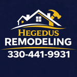 Hegedus Remodeling logo with house graphic, yellow hammer, and phone number 330-441-9931 on dark blue background