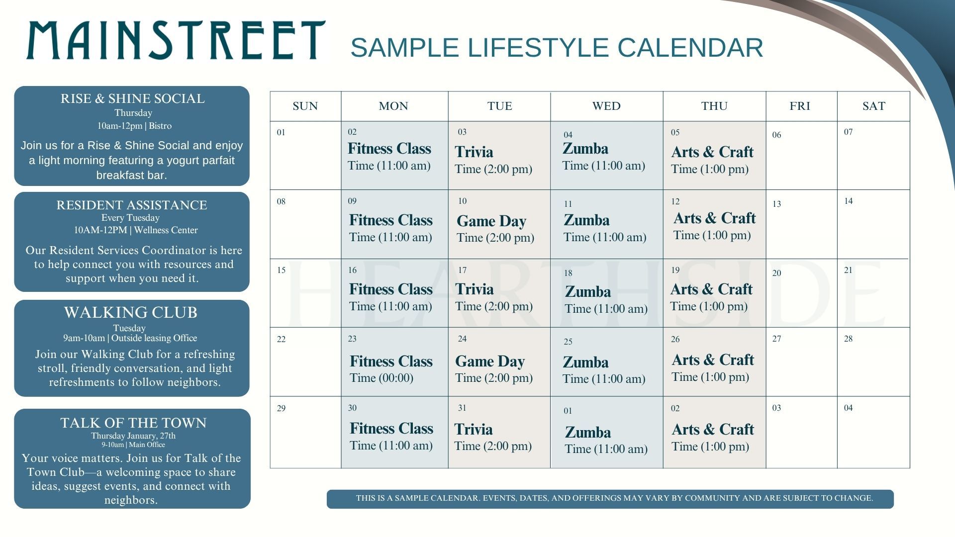 Heathside sample lifestyle calendar with blue sidebar and a weekly planning grid