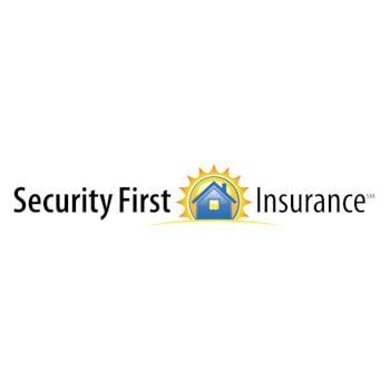 Security First Insurance logo with a blue house, yellow sun, and black text