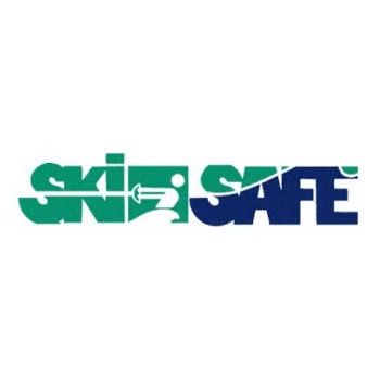 SKI SAFE logo in teal and blue with stylized skier on white background