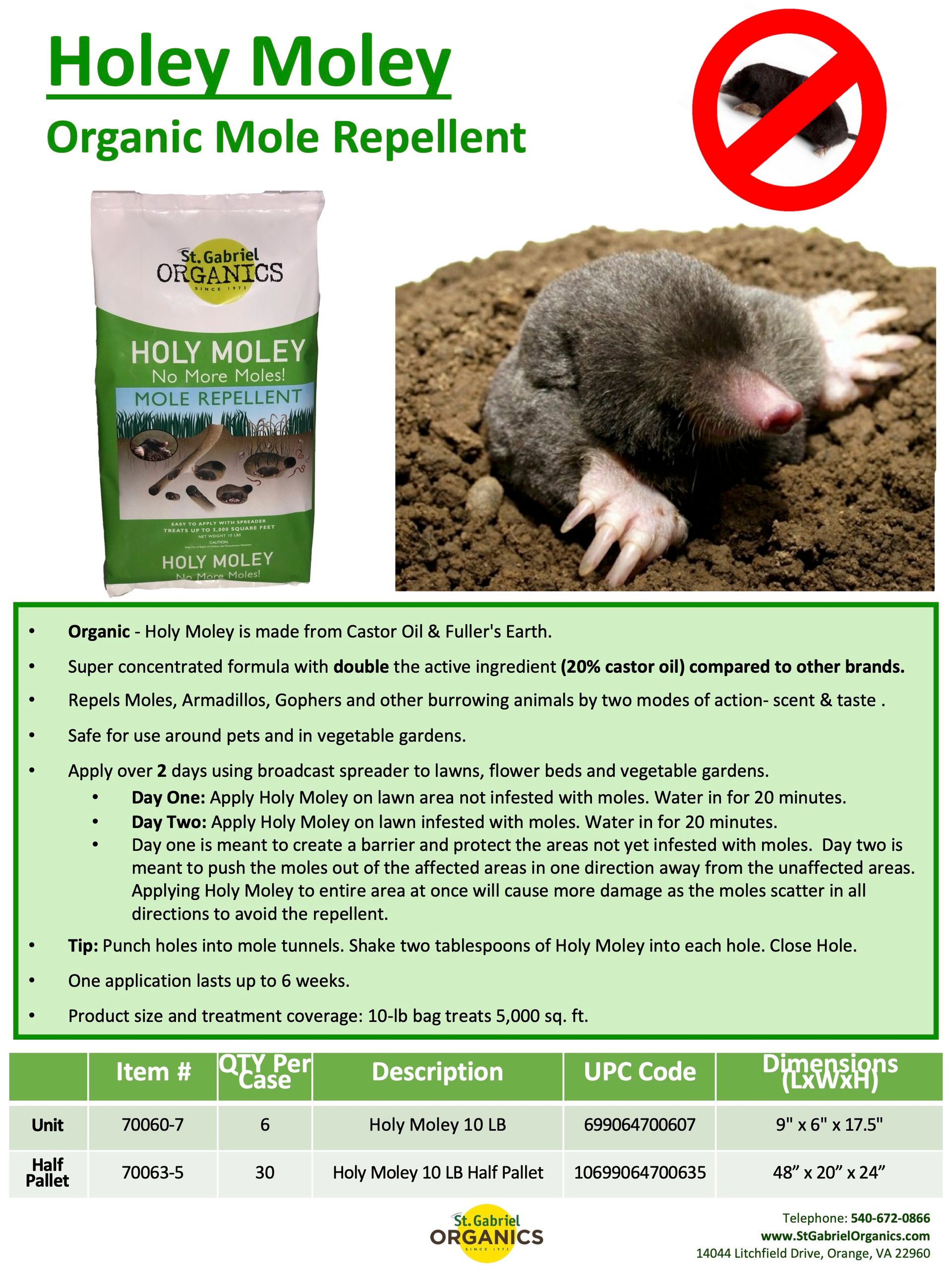 A flyer for holey moley organic mole repellent