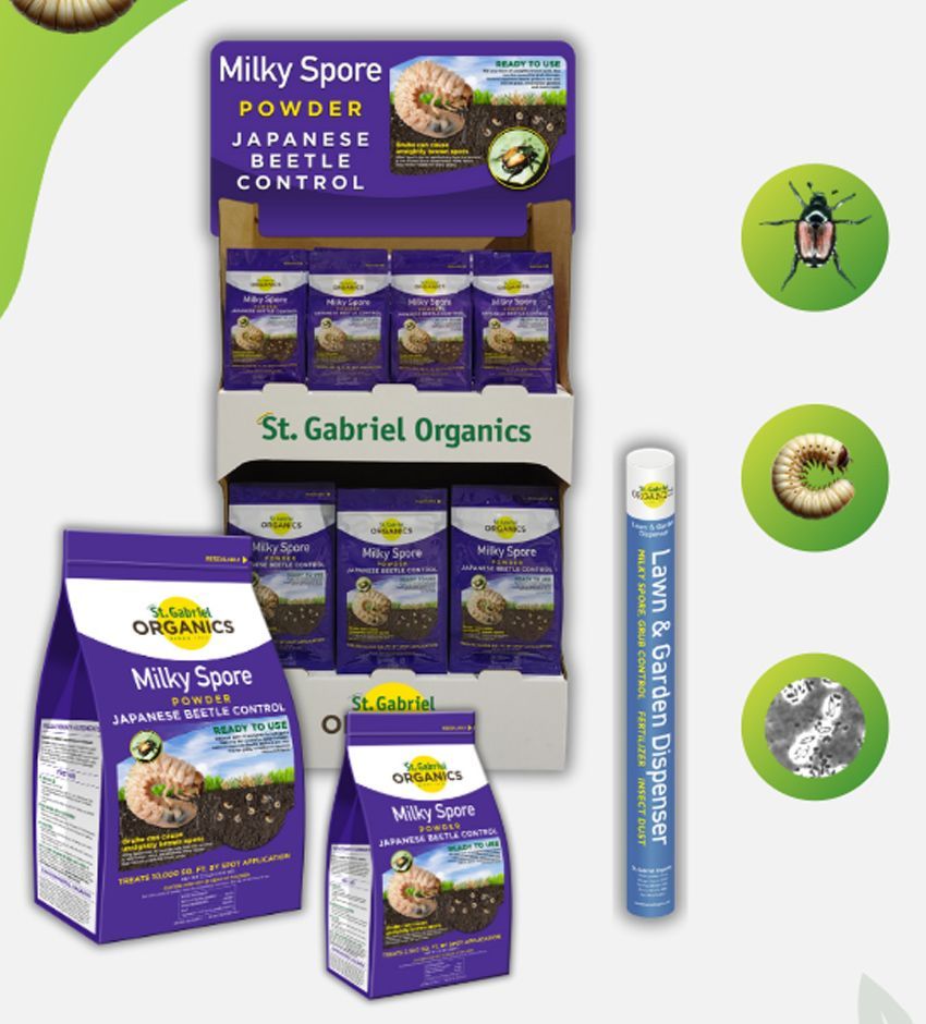 A display of milky spore powder from st. gabriel organics