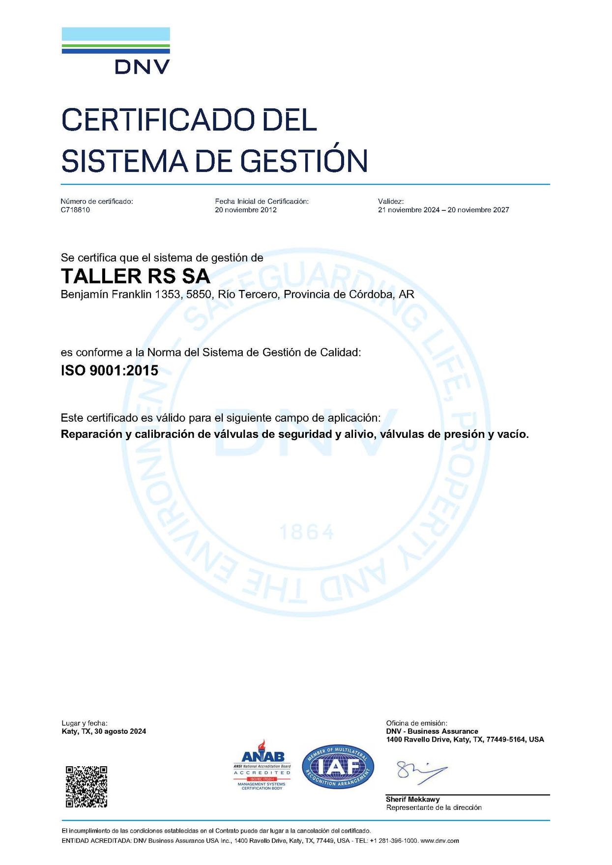 Certificado de sistema de gestión de DNV, con datos y logotipos de la empresa Taller RS SA.