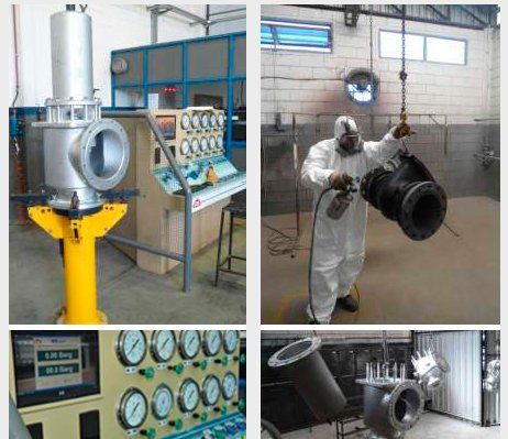 Diversas etapas del mantenimiento y pintura de válvulas industriales.