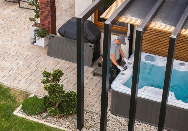A man is working on a hot tub in a backyard.
