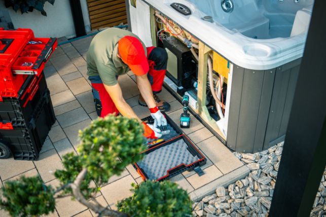 A man is working on a hot tub on a patio.