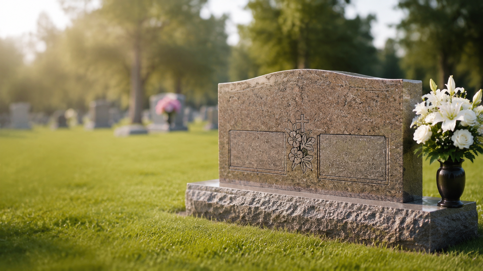Stone gravestone on a grassy cemetery lawn with a white flower arrangement beside it