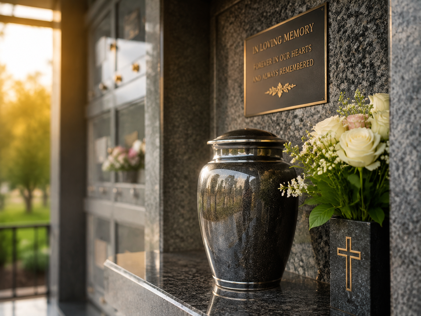 Polished black funeral urn and white flowers beside a memorial plaque and cross in a columbarium niche