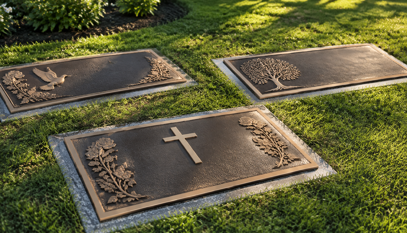 Three bronze cemetery plaques set in green grass, one with a cross and floral border.