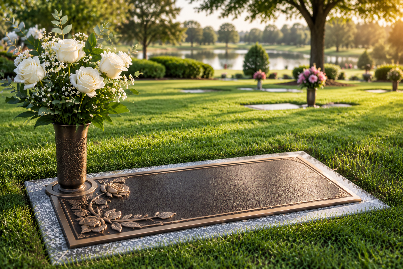 Gray granite gravestone engraved with the word “LOVE” in a grassy cemetery.