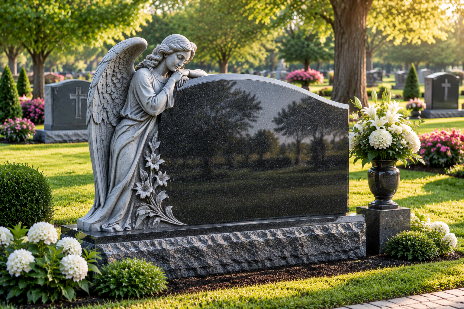 Cemetery with gravestones, red tulips, and a headstone engraved “REST IN PEACE”