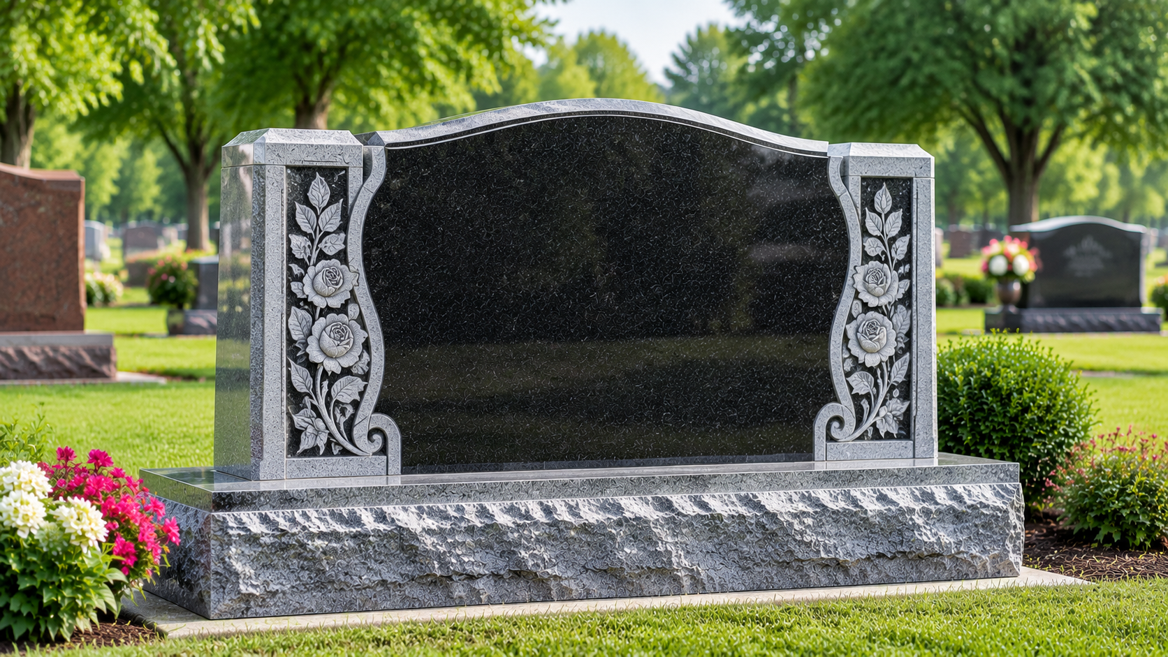 Black granite gravestone with floral engraving in a cemetery, surrounded by green grass and trees