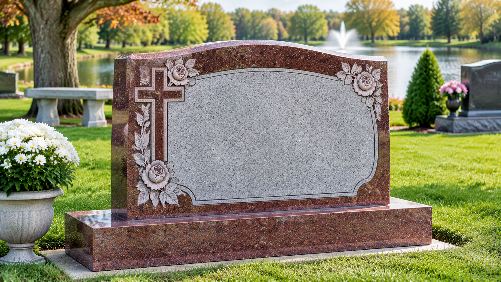 Gravestone with purple flowers in a cemetery lawn
