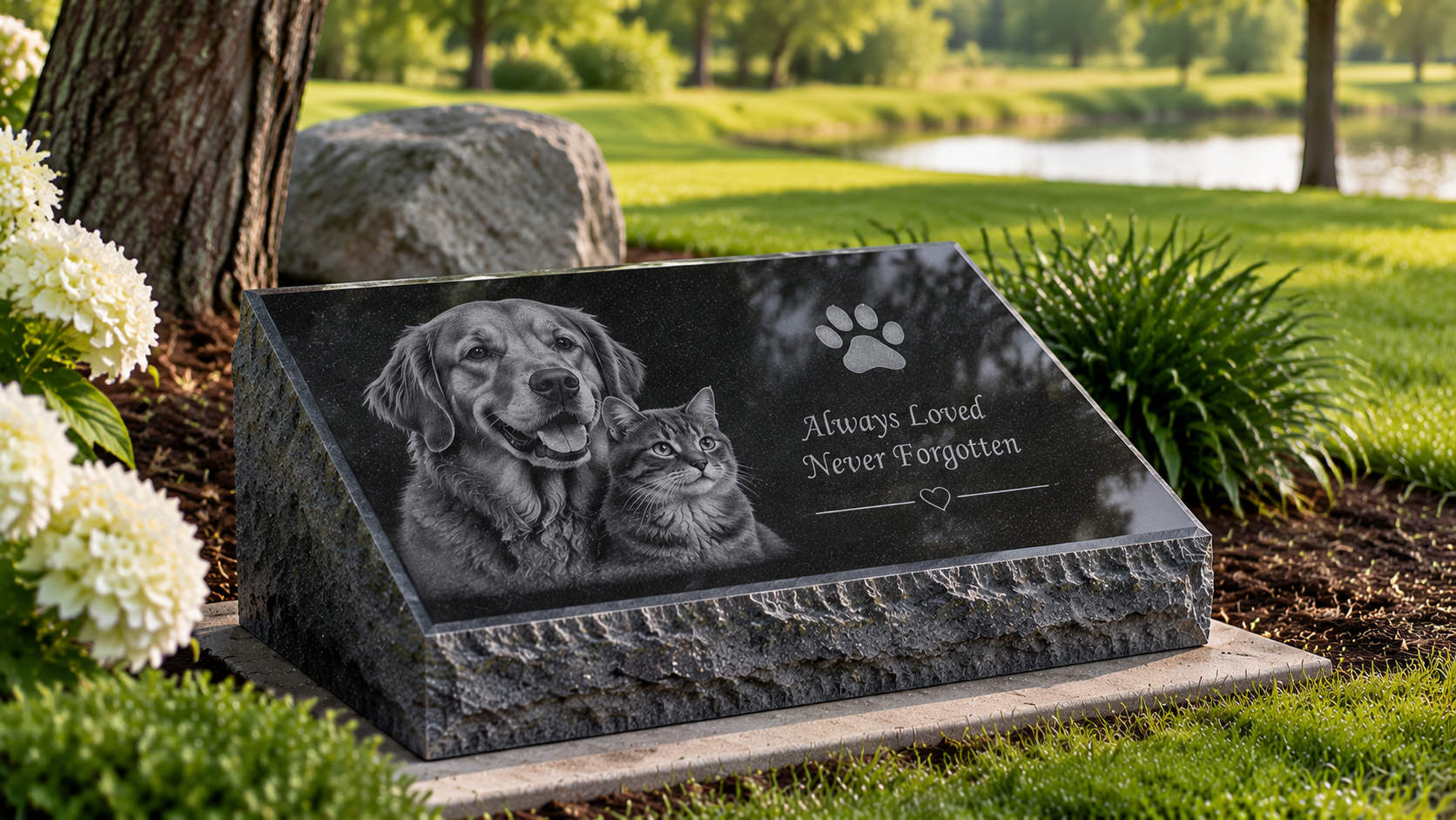 Black granite pet memorial with engraved dog portrait and paw print in a landscaped garden
